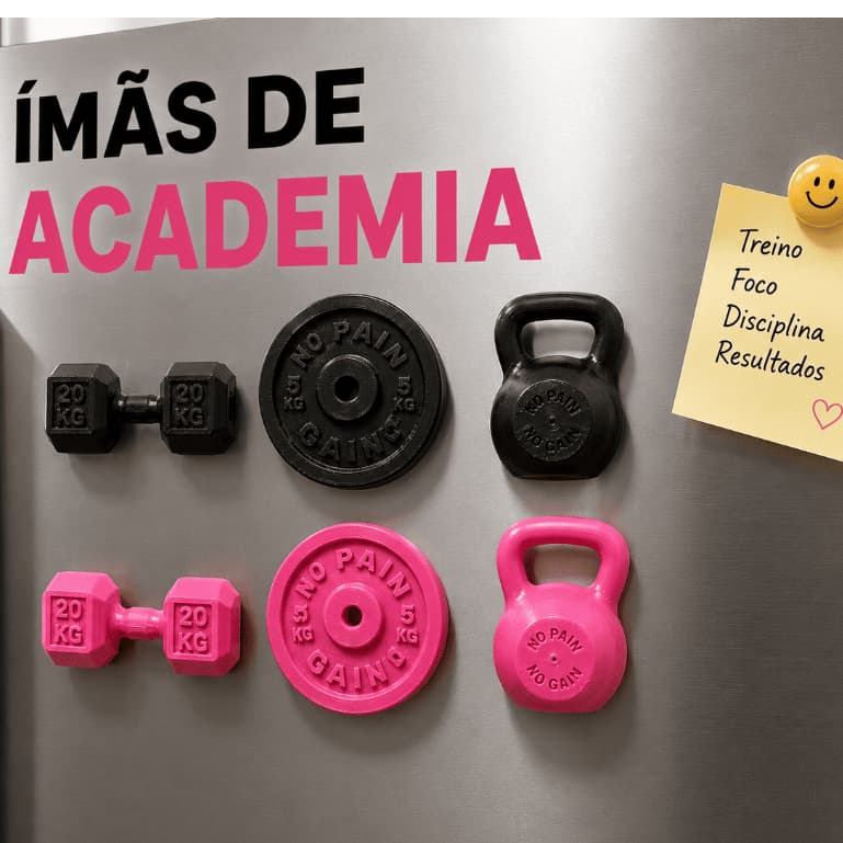 Kit Ímãs de Geladeira Academia Fitness Halter, Anilha e Kettlebell | Kit com 3, 6 ou 9 Unidades | Decoração Fitness