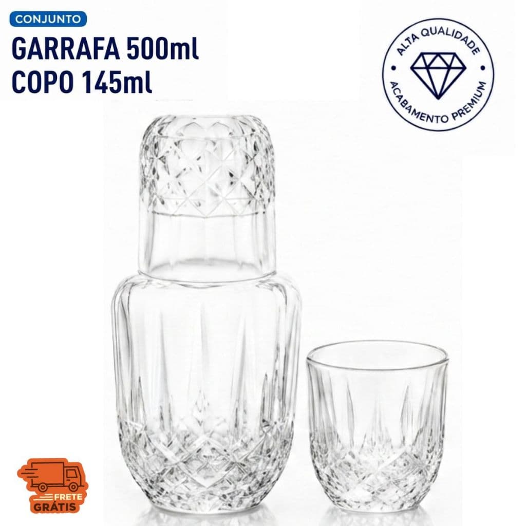 Conjunto Garrafa Moringa de Vidro 500ml Com Copo Tampa 145ml Elegante Decoração Destilados Água Suco