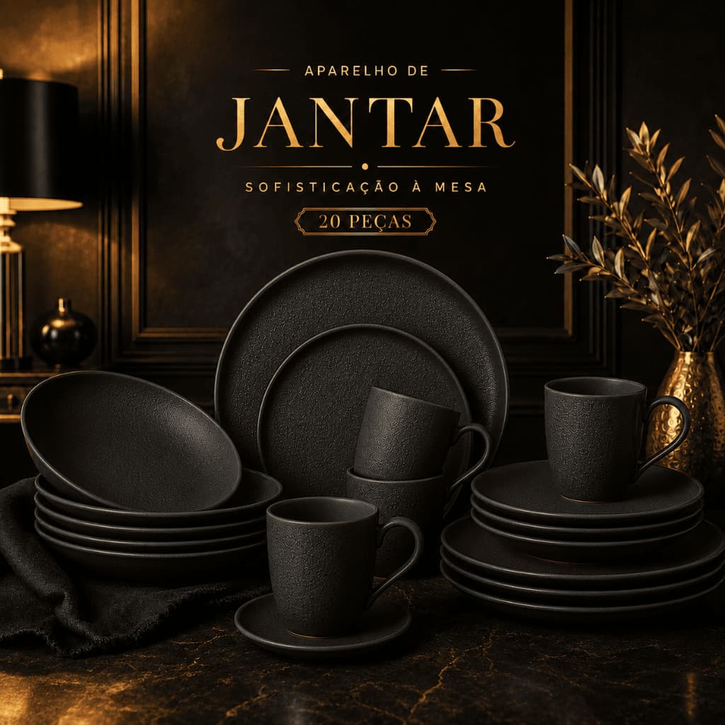 Aparelho de Jantar e Chá Porto Brasil Jogo 20 Peças Cerâmica Preto Fosco Conjunto Louça Prato Xícara Mesa Posta