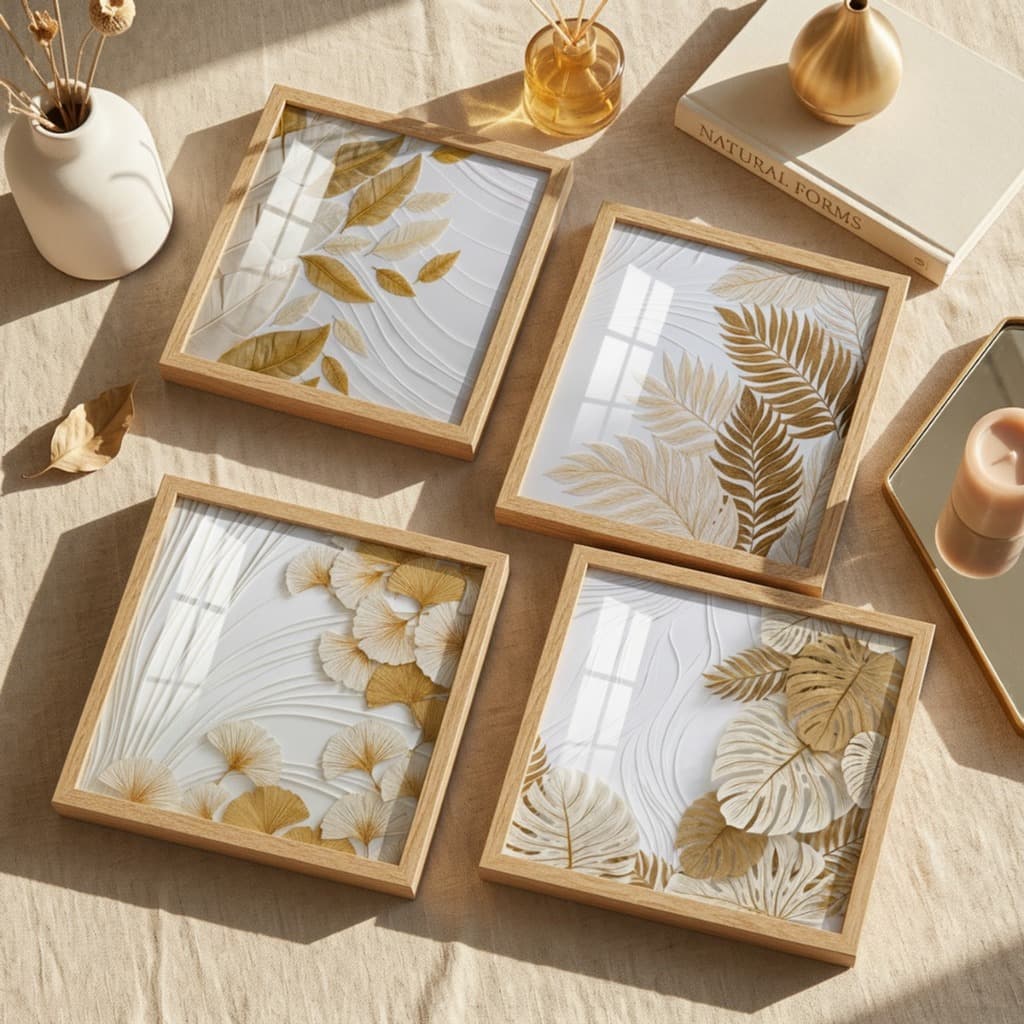 Kit 4 Quadros Decorativos Folhas Douradas 18x18 Sala Quarto Luxo Elegante Dourado Moderno Smart Deco