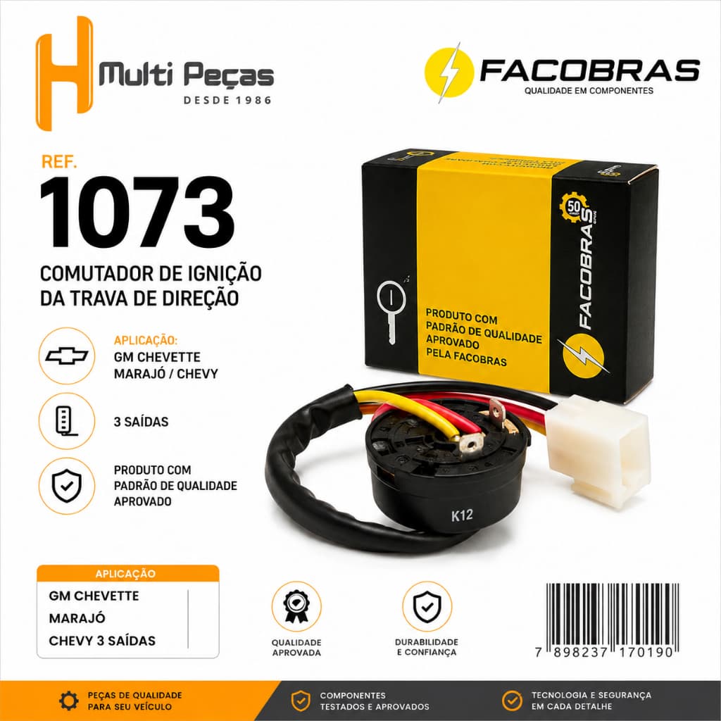 Comutador de Ignição Trava Direção Facobras 1073 Chevette Marajó Chevy 3 Saídas OEM 8972370