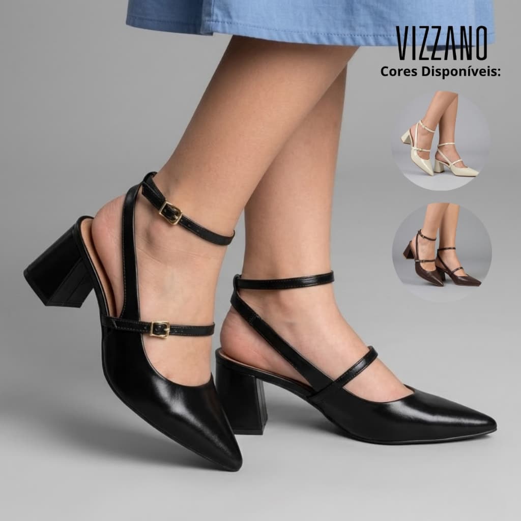 Scarpin Vizzano Feminino Slingback Salto Grosso Bico Fino Tiras Finas  Casual Confortável Original
