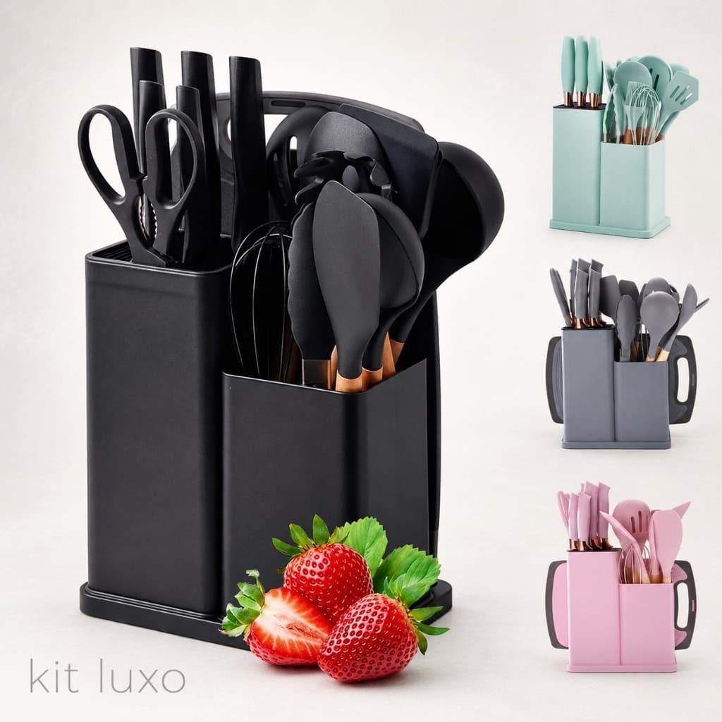 Kit Jogo de Cozinha Luxo 19 Peças Com Tábua em Silicone Espátula Faca Tesoura Tábua Porta Utensílios