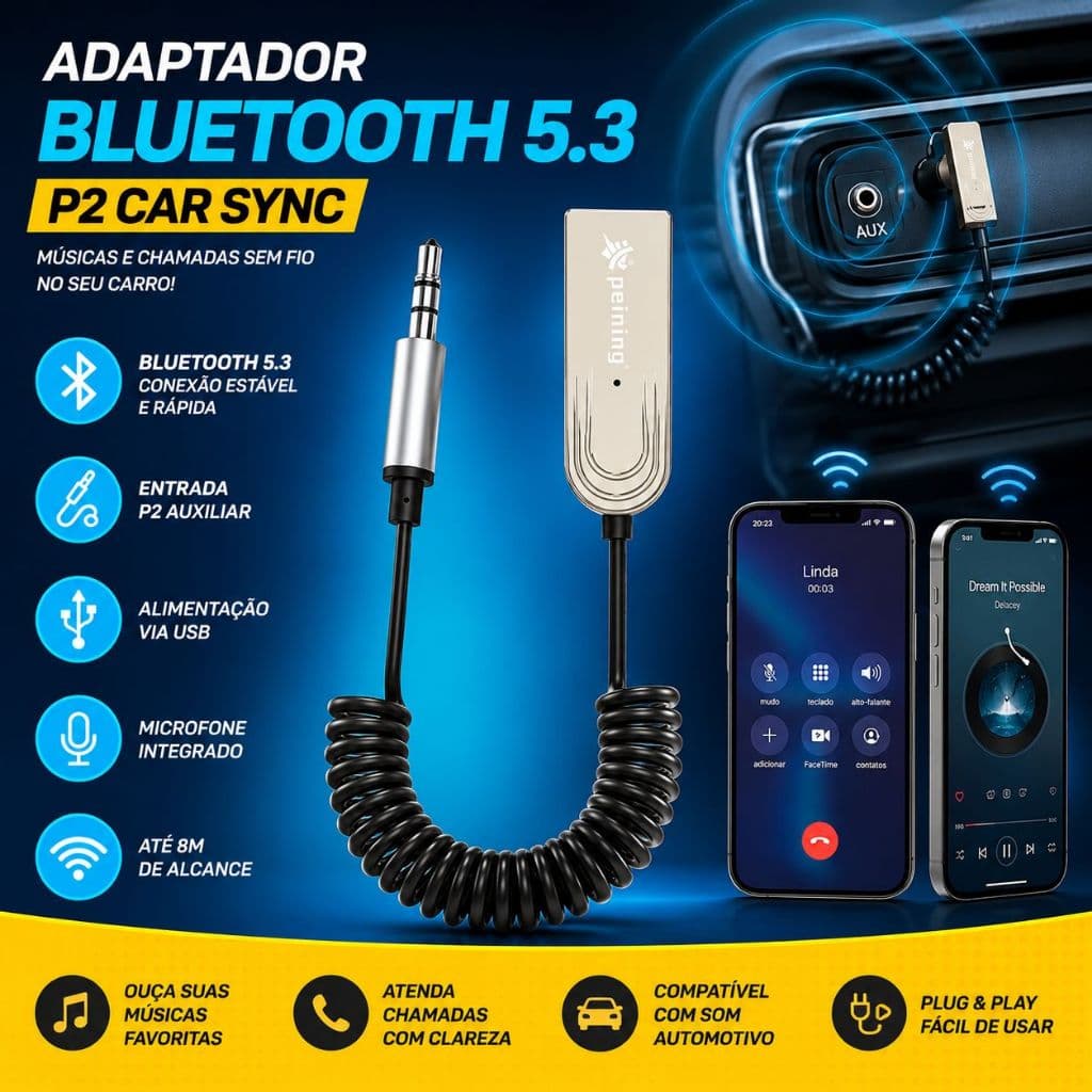 Adaptador Bluetooth 5.3 USB Entrada P2 Jack Receptor para Som Automotivo Carro