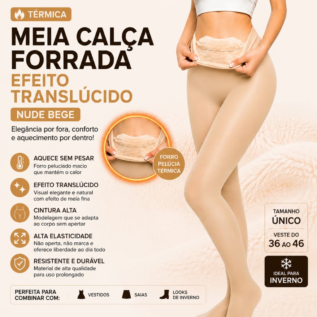 Meia Calça Translucida Forrada Pelinho Cor Da Pele Nude Bege