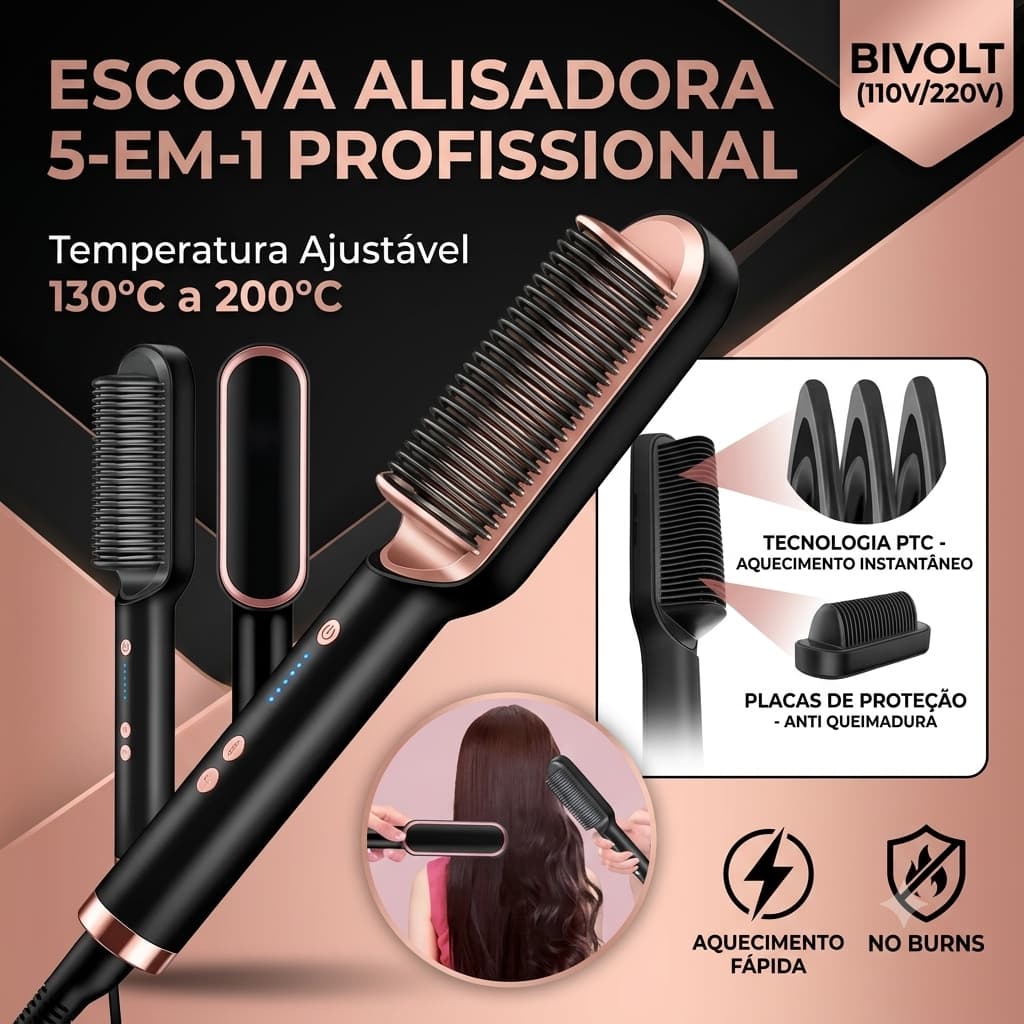 Escova Alisadora Elétrica Bivolt 5 em 1 Profissional Temperatura Ajustável 130°C a 200°C Preta