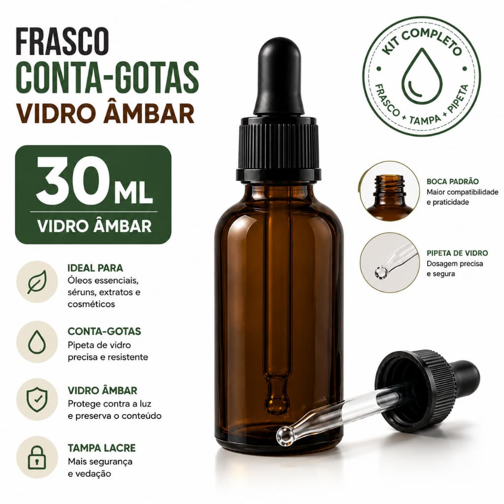 Frasco Vidro Âmbar 30ml Conta-Gotas Pipeta para Óleo Essencial e Sérum