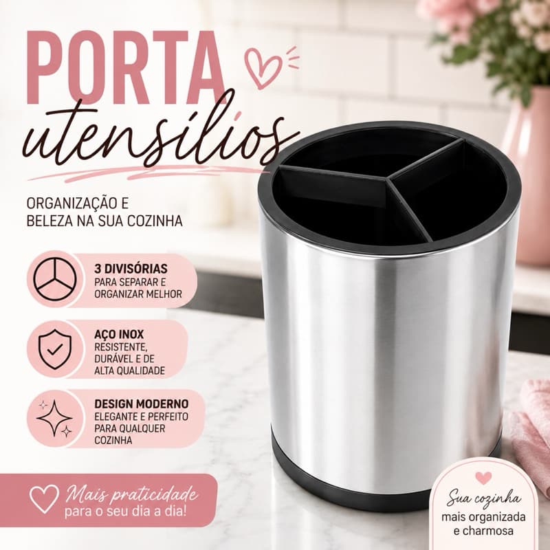 Porta Utensílios Inox Giratório com Dreno e Fundo Removível Organizador de Talheres Premium
