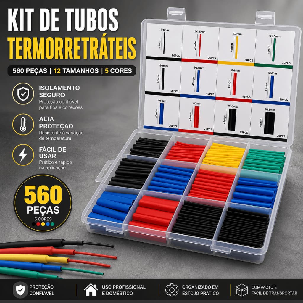Kit Tubo Termorretrátil 560 Peças Organizado em Estojo | Isolante para Fios Elétricos | Diversos Tamanhos | Alta Resistê