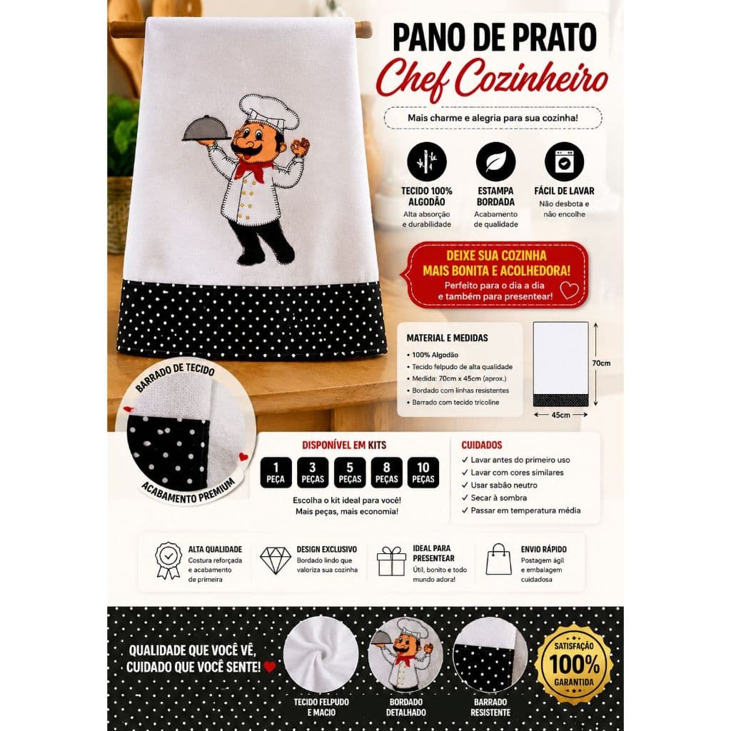 Pano de Prato Bordado 100% Algodão Barrado de Bolinhas Alta Absorção Cozinha Decorada Kit 1 3 5 8 10 Peças
