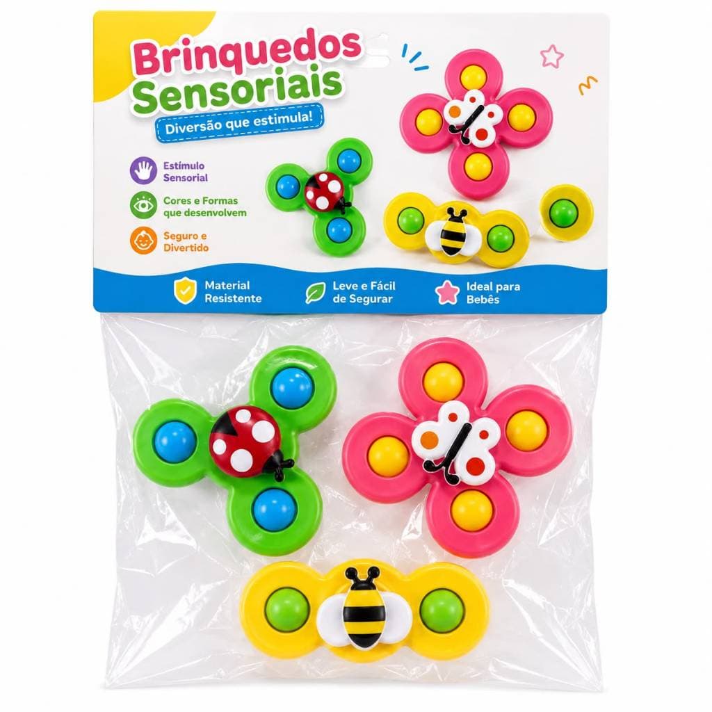 Kit 3 Spinner Sensorial Bebê com Ventosa Brinquedo Montessori Educativo Banho Alimentação Infanti