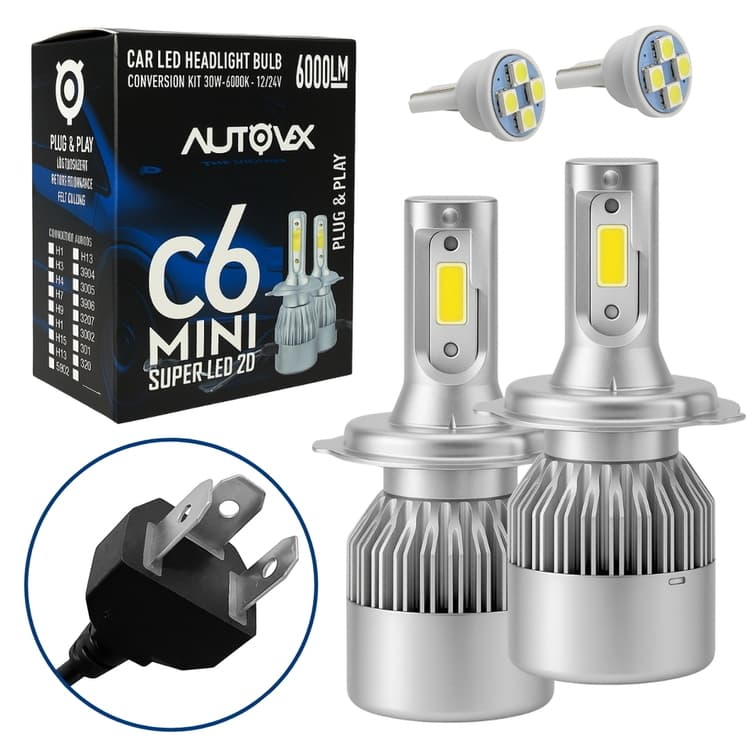 Par Lâmpadas Super Led C6 Mini H4 P43T 12V 30W Alto Baixo Na Mesma + Pingo T10 - Lâmpadas de Led