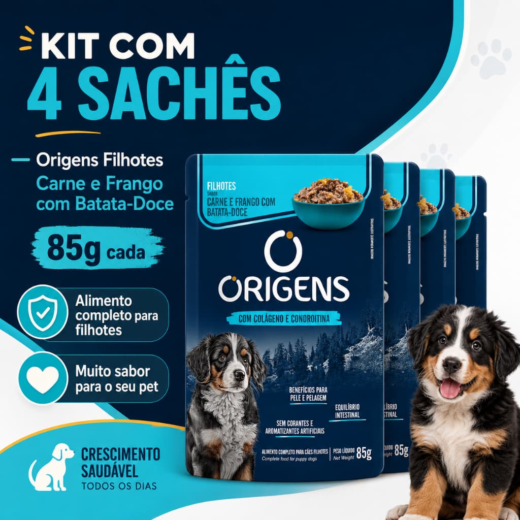 Kit 4 Sachês para Cachorro Filhote Origens 85g Ração Úmida Carne e Frango com Batata-Doce
