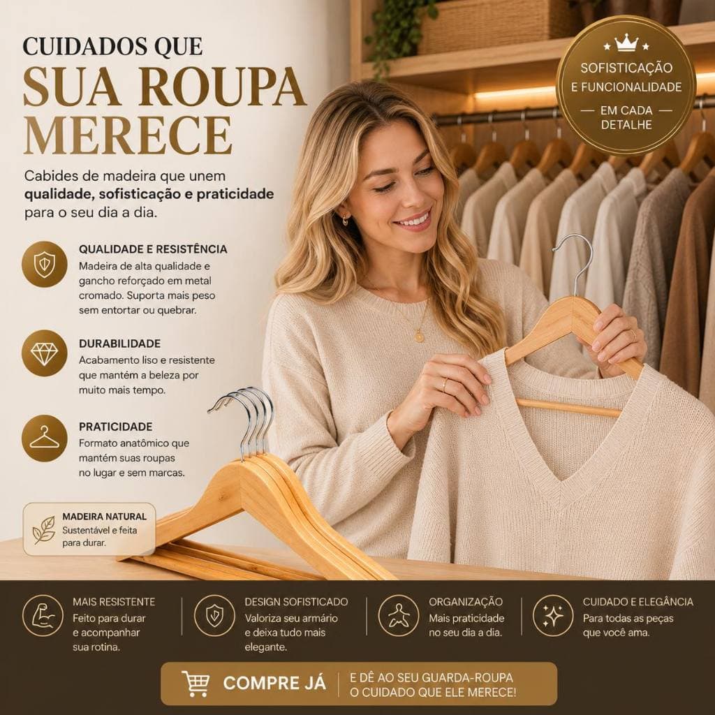 Kit 3 Cabides Madeira Natural Acabamento Verniz Elegante Durable Organizador Roupa Closet