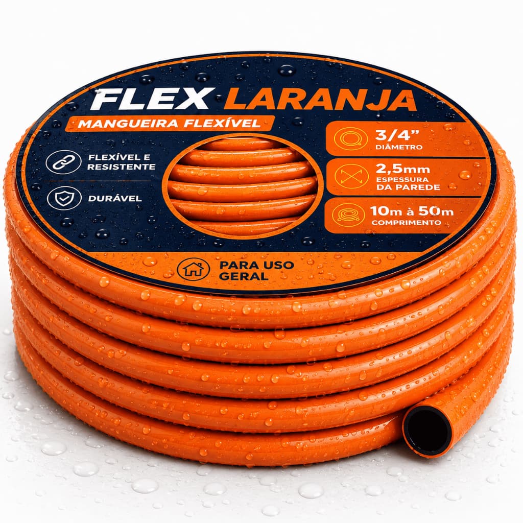 Mangueira de Jardim 3/4 2,5mm Laranja 10/15/20/25/30/35/50 Metros Flex Reforçada Resistente