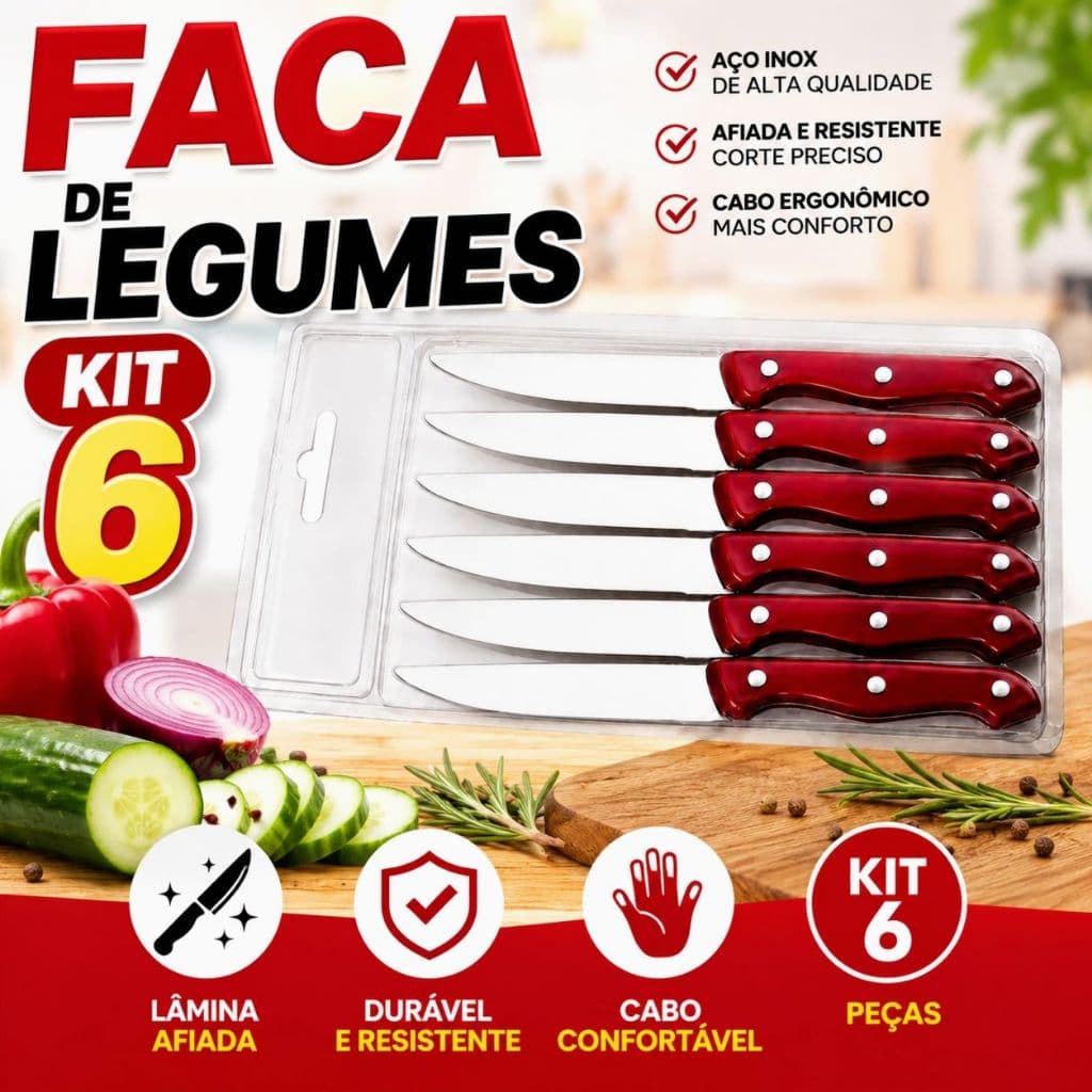 Kit 6 Facas de Legumes Aço Inox para Cozinha Faca de Corte Cabo Ergonômico