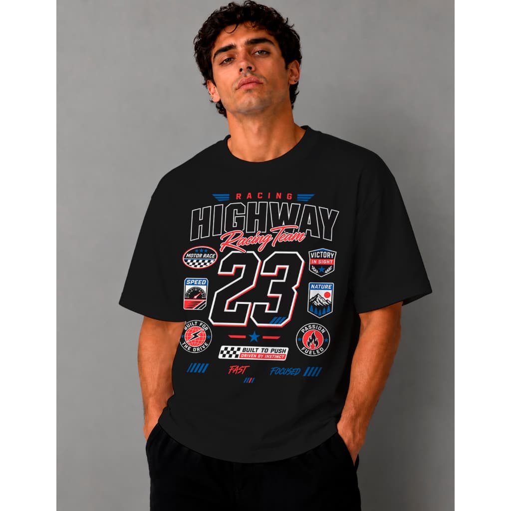 Camiseta Oversized Streetwear 100% Algodão Premium Unissex Estampa Racing Highway