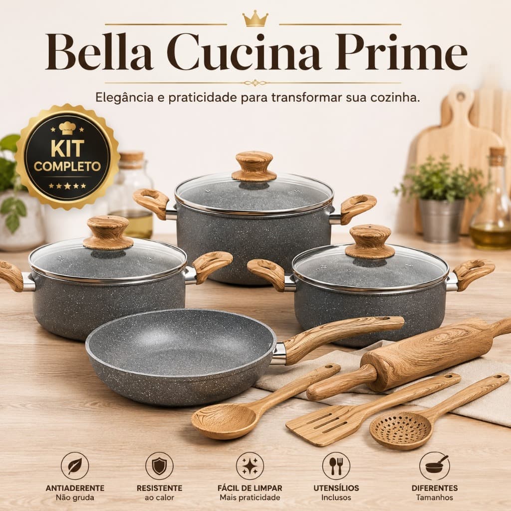 Kit Panelas Antiaderentes 7 Peças com Utensílios Cozinha Completo Bella Cucina Prime