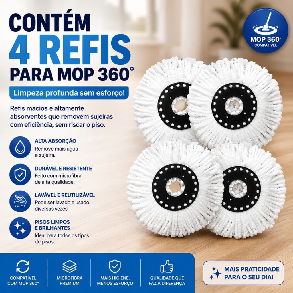 Kit Refil Mop Giratório 8 Litros 2 ou 4 Unidades Lavável Alta Absorção Reposição Fácil Alta Performance