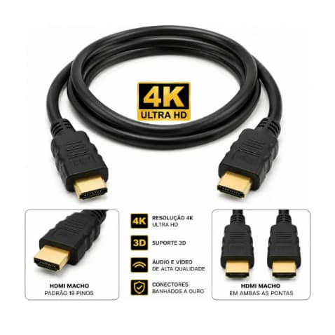 Cabo Hdmi 2 Metros 4k 3D Full Hd 2.0 Para Tv, Monitor, Pc, Vídeo game 1080p Pontas Douradas