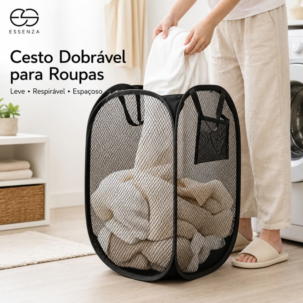 Cesto de Roupa Suja Dobrável Essenza Organizador de Brinquedos Telado Flexível Quarto Banheiro 50/70cm