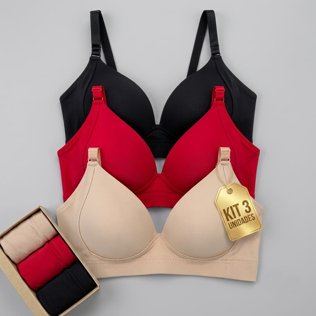 Kit 3 Sutiã Feminino Com Bojo Sem Aro Confortável Microfibra Poliamida Premium Confortável