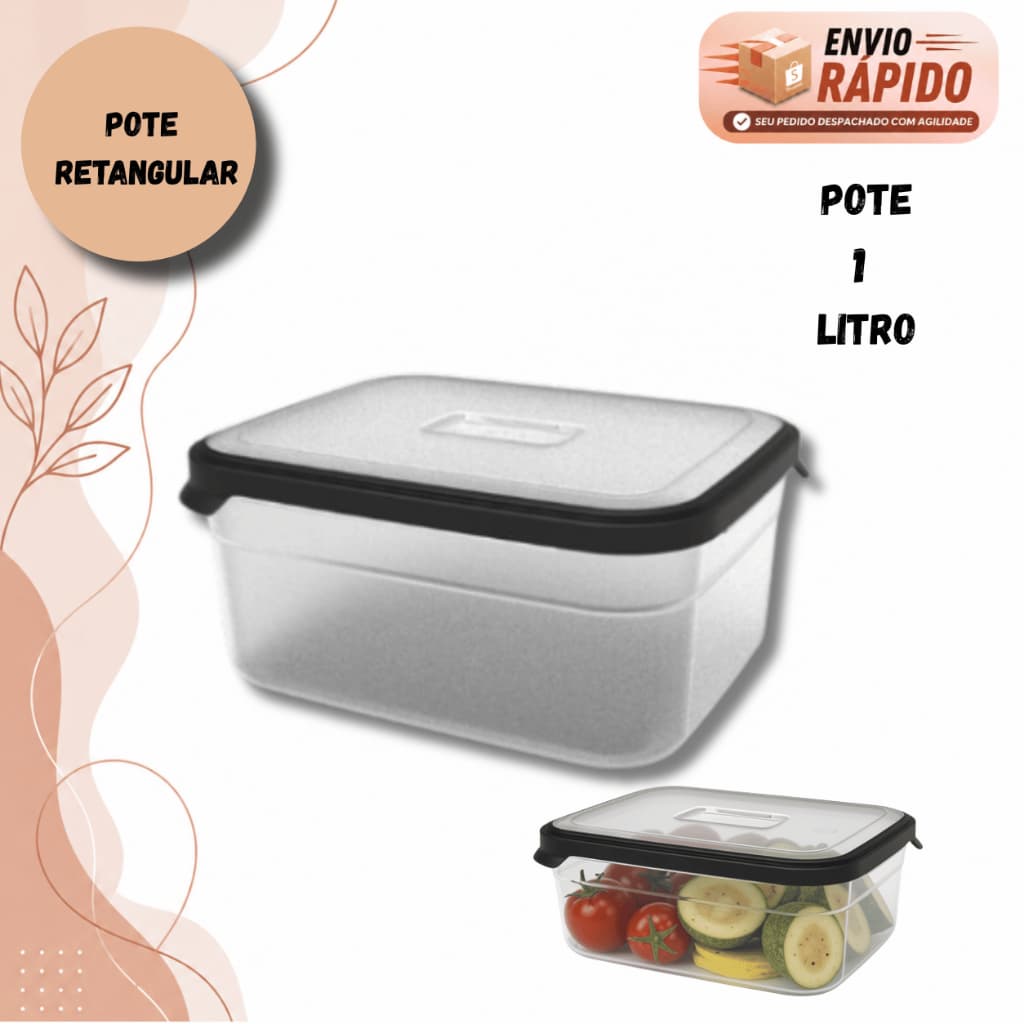 Pote De Plástico Retangular 1 Litro Vedação Hermética Atóxico Resistente a Impactos Cozinha  Marmita Microondas Preto