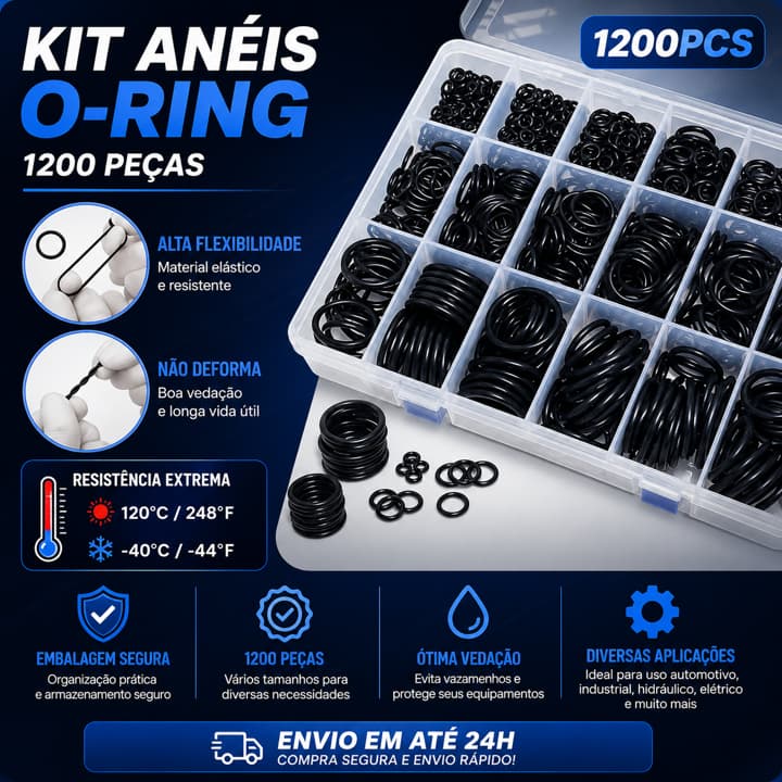 Kit Anel Oring Borracha Vedação 1200 Peças 24 Tamanhos O-Ring Universal com Estojo