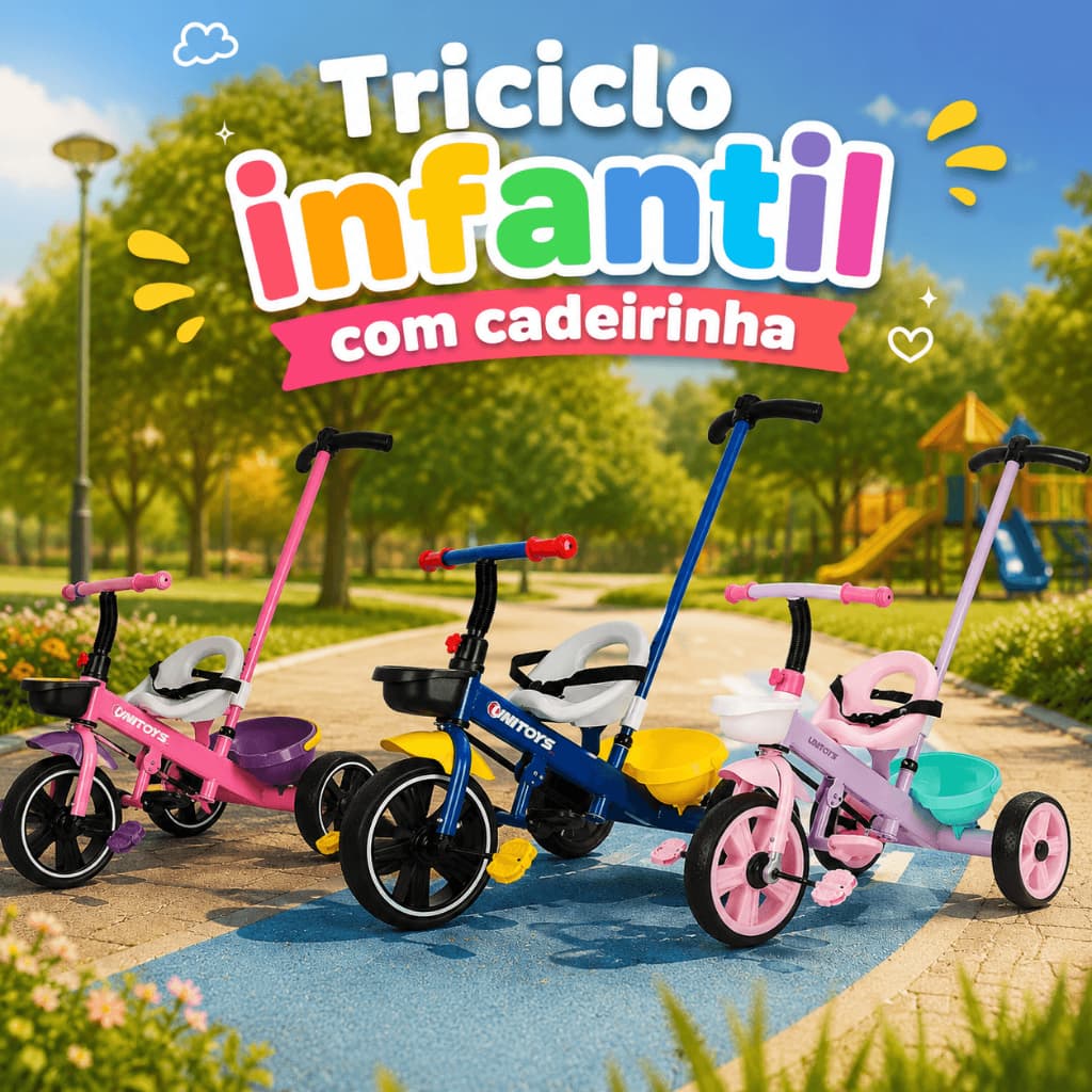 Triciclo Infantil com Cadeirinha e Empurrador Pedal Menino Menina Crianças Brinquedo Passeio