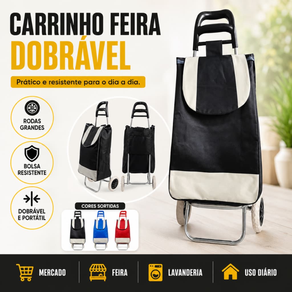 Carrinho Feira Dobrável Bolsa Resistente Portátil Prático Uso Variado Cores Sortidas