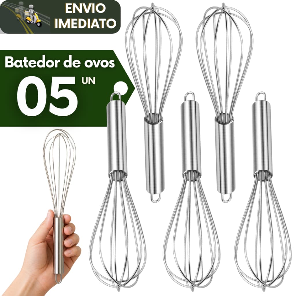 Kit 5 Fuet Batedor de Ovos Misturar Ovo Massas e Ingredientes para Cozinhas de Confeitarias