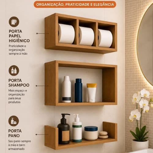 Kit nicho triplo para banheiro organizador prateleiras Branco Preto e Louro freijo