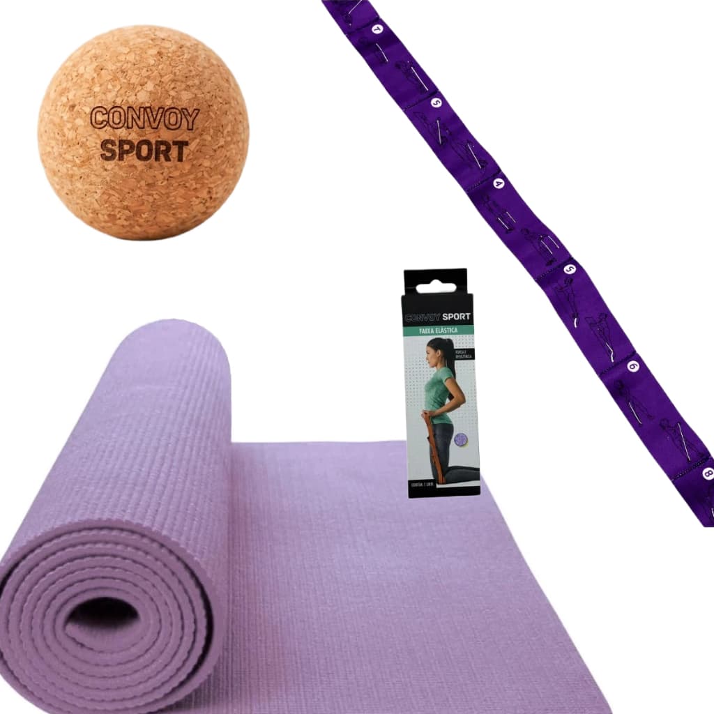 Kit Tapete De Yoga + Strap de Alongamento Convoy Com Alças + Bola De Massagem Cortiça