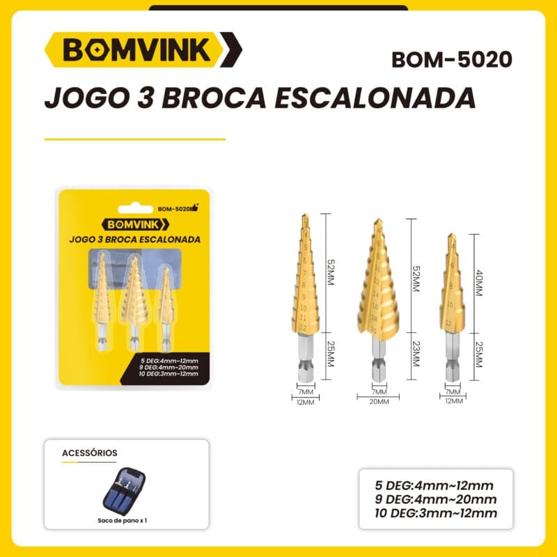 Kit 3 Brocas Escalonada Titânio 3-12 4-12 4-20mm Jogo Broca Hexagonais Cônicas Bits Métricos BOM5020