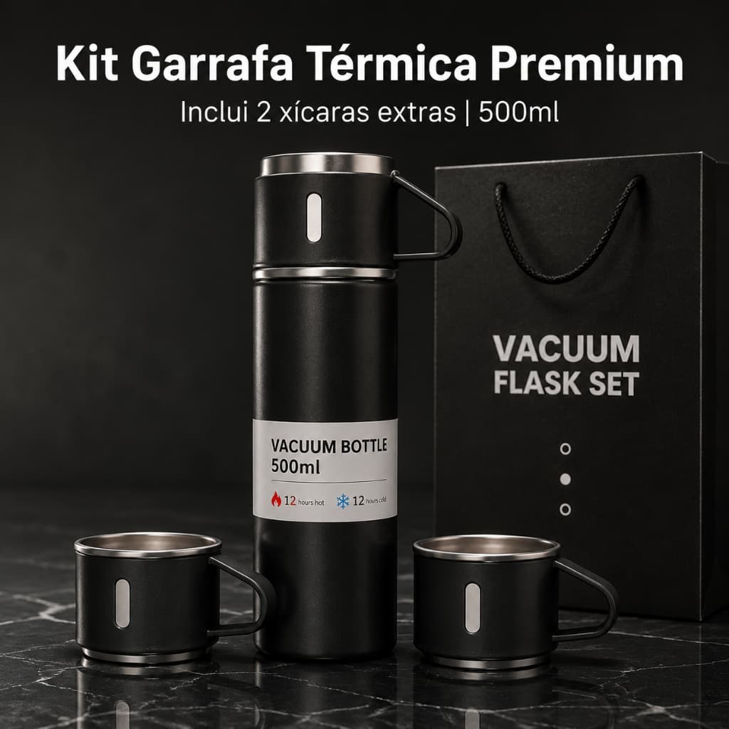 Conjunto Garrafa Térmica Inox 500ml +3 Xícaras para bebidas frias e quentes, presente para o Dia dos Pais