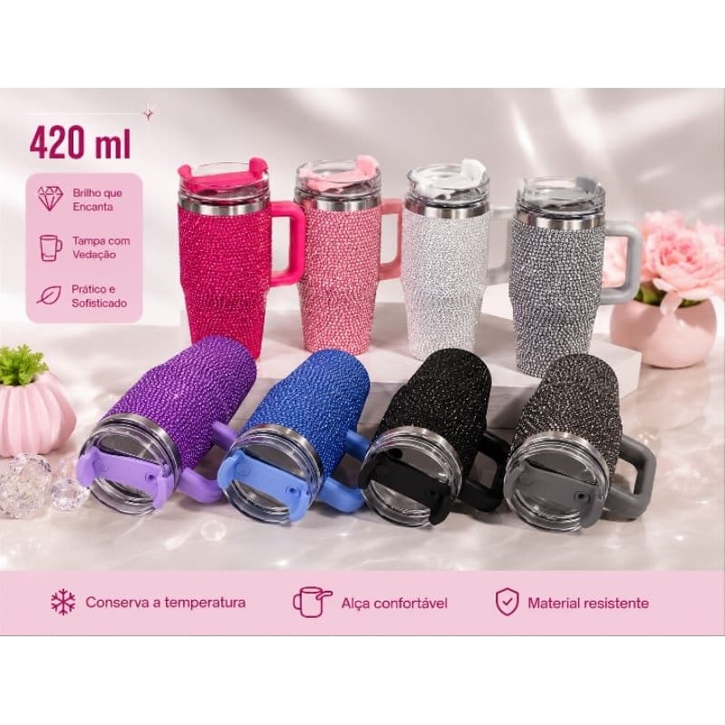 Copo Térmico Diamond Strass com Canudo e Alça 420ml Inox Garrafa Térmica Diamante Brilhante