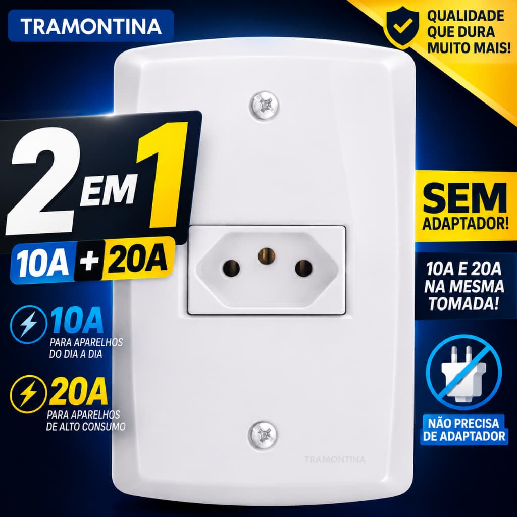 Kit 5 10 Tomada De Parede Tramontina Lux2 Branca 10A e 20A no Mesmo Módulo Tomada 2 em 1 20A e 10A