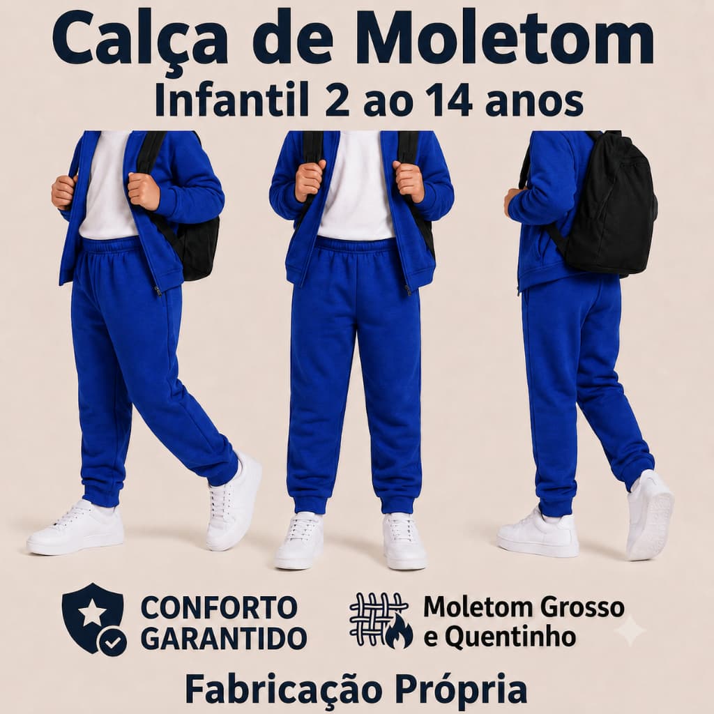 Calça de Moletom Infantil Azul Royal Felpudo Escolar para Inverno