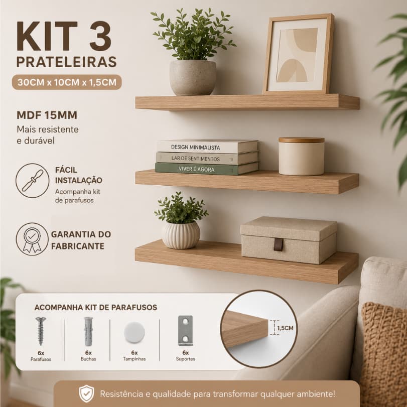Kit 3 Prateleiras Flutuantes MDF 30x10cm Nicho Decorativo de Parede para Sala Quarto Cozinha Banheiro Escritório