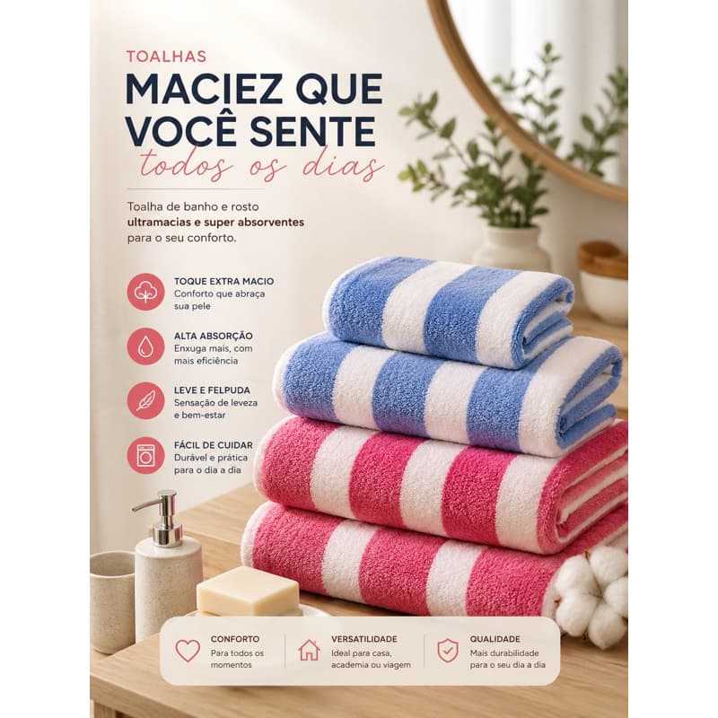 Toalha de banho e de rosto azul e rosa