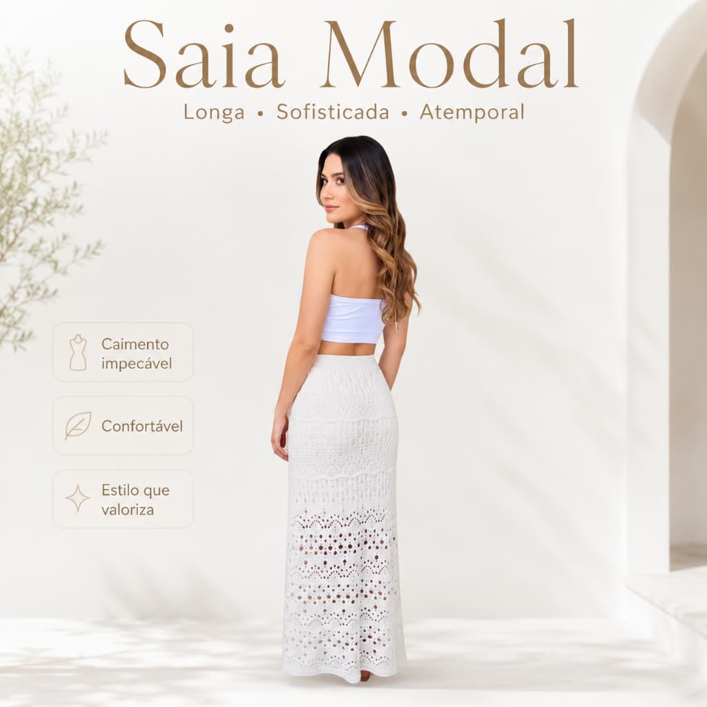 Saia Saída de Praia Feminina Rendada Tricô Moda Verão Ponto Crochê Tendência