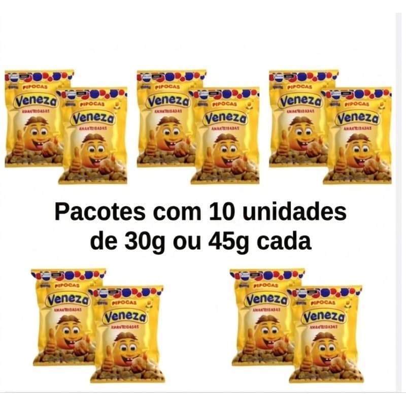 Pipoca Veneza Amanteigada, doce ou chocolate 30g ou 45g - Pacote com 10 Unidades