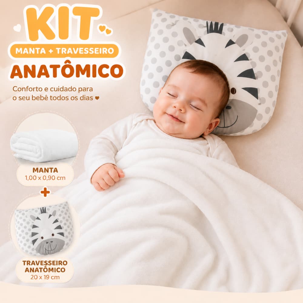 Kit Sono Bebê Mantinha Baby + Almofada Anatômica Estampada Extra Macia Antialérgico