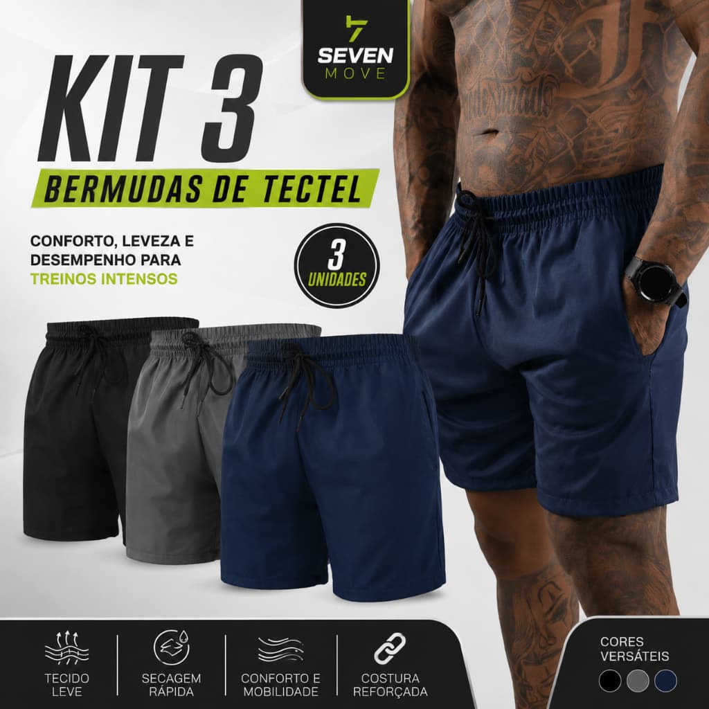 Kit 3 Short Masculino Bermuda Microfibra Tactel Elastano Academia Treino Praia Proteção Solar Premium