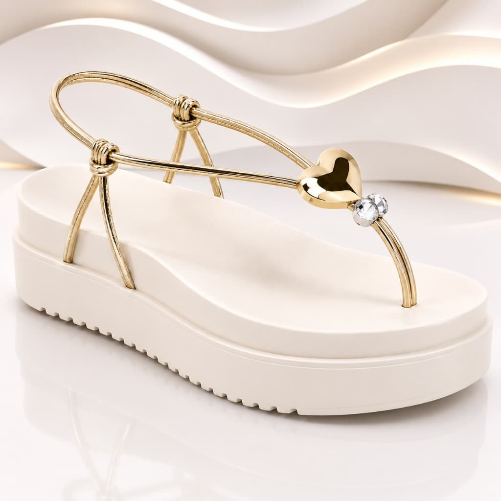 Sandália Feminina Plataforma Papete Confortável Coração Dourado com Strass Casual Antiderrapante