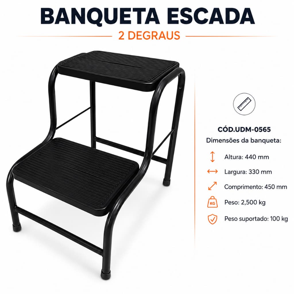 Escada Banqueta 2 Degraus Utilar Dobrável Reforçada em Aço com Piso Antiderrapante