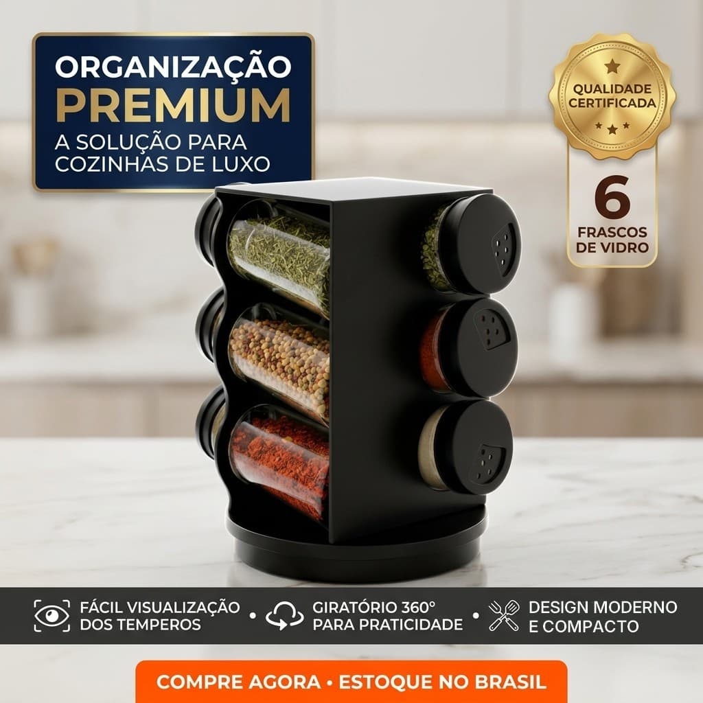 Porta Temperos E Condimentos Giratório Organizador Cozinha 6 Potes Preto 80ml
