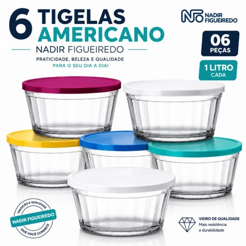 Kit 6 Tigelas Americano Nadir Figueiredo 1 Litro Vidro com Tampa Colorida