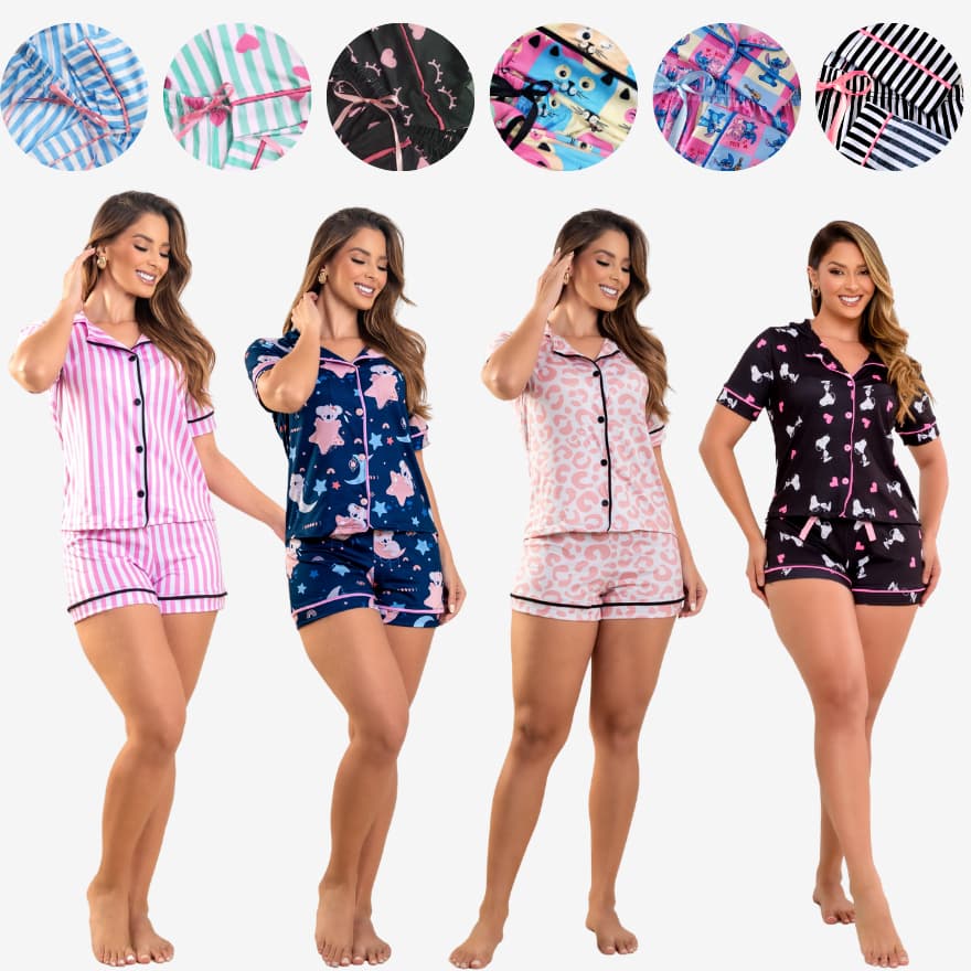 Pijama  Americano Feminino Curto Botão Pós-Cirúrgico Amamentação  Baby Doll de Verão