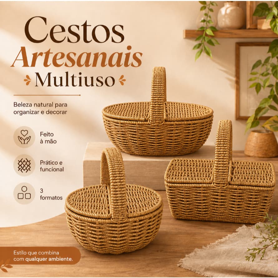 Cesto Artesanal Multiuso com Tampa e Alça para Organização e Decoração – 3 Formatos